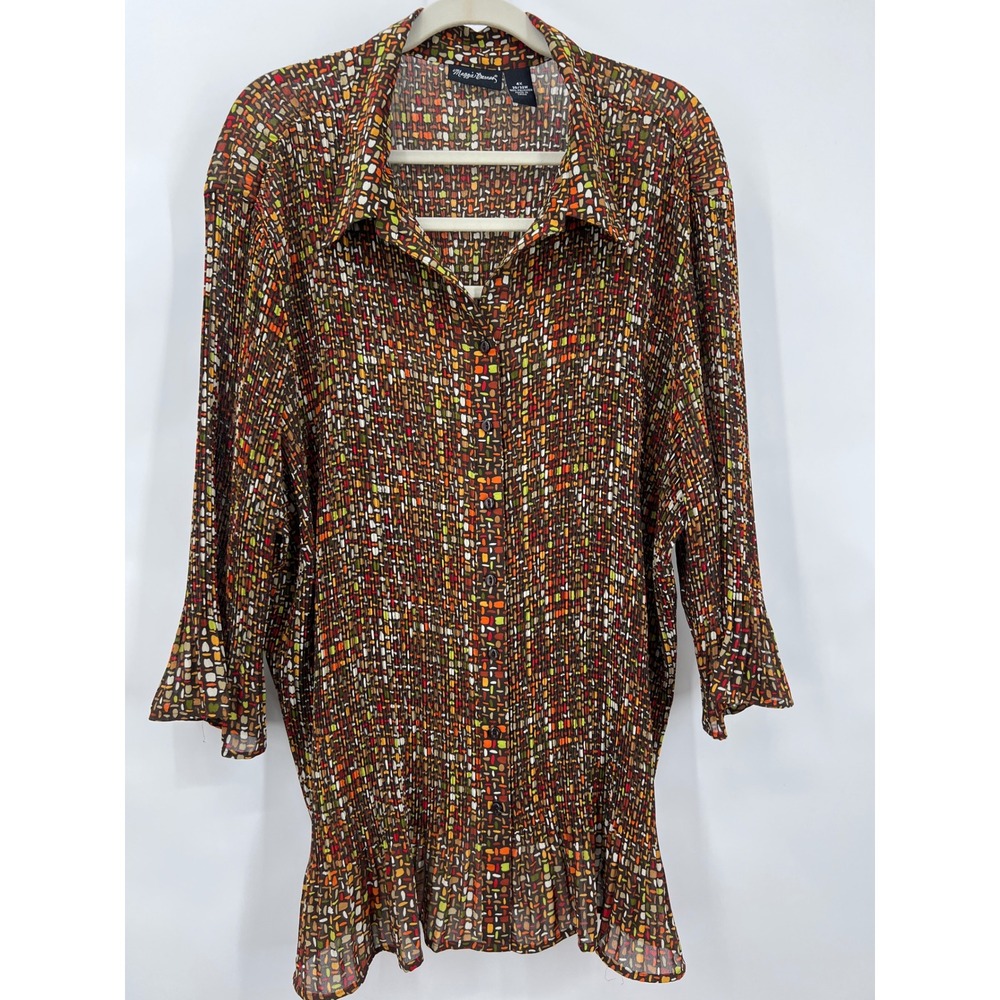 Maggie Barnes Women 4X‎ Plisse Pleated Button Up Blouse Abstract Geometric Brown